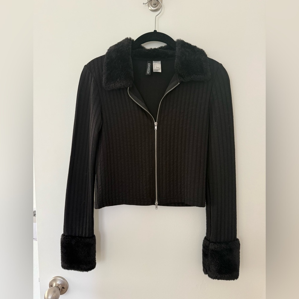 H&M Black Zip up shirt with Faux Fur Trim